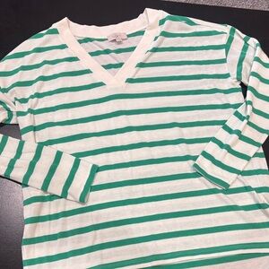 LOFT Green and White Striped V-Neck Long Sleeve Top